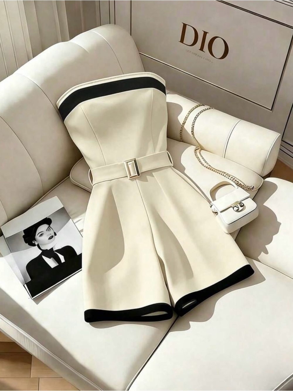 Strapless Cream Romper with Black Trim and Belt